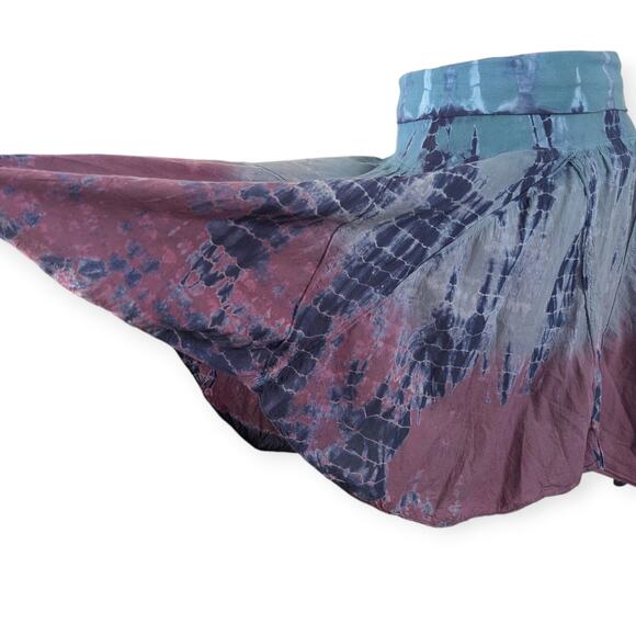 Tie Dyed Skirt Scarf Hem Fold Waistband Women’s Size Medium aqua mauve purple - Picture 7 of 8